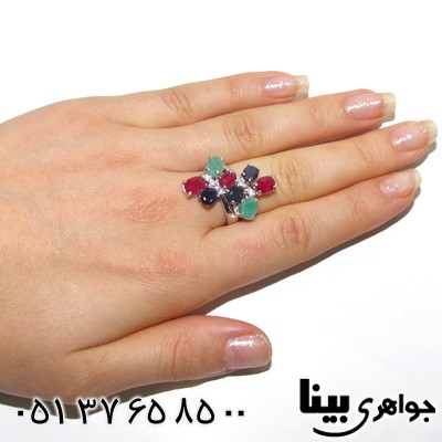 انگشتر چند جواهر یاقوت سرخ و کبود و زمرد زنانه
