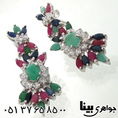 گوشواره چند جواهر یاقوت سرخ و زمرد و یاقوت کبود زنانه