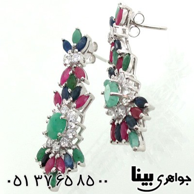 گوشواره چند جواهر یاقوت سرخ و زمرد و یاقوت کبود زنانه