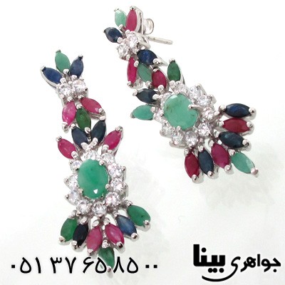 گوشواره چند جواهر یاقوت سرخ و زمرد و یاقوت کبود زنانه