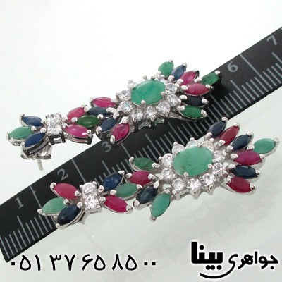 گوشواره چند جواهر یاقوت سرخ و زمرد و یاقوت کبود زنانه