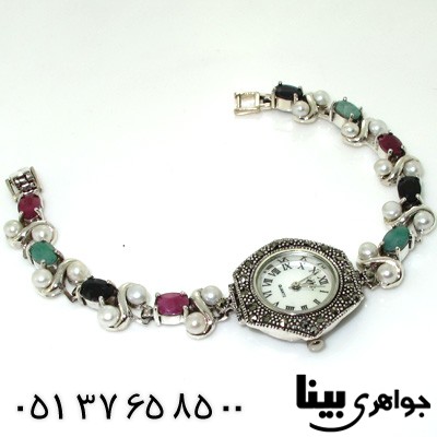 ساعت چند جواهر زمرد و یاقوت سرخ و کبود شش ضلعی زنانه