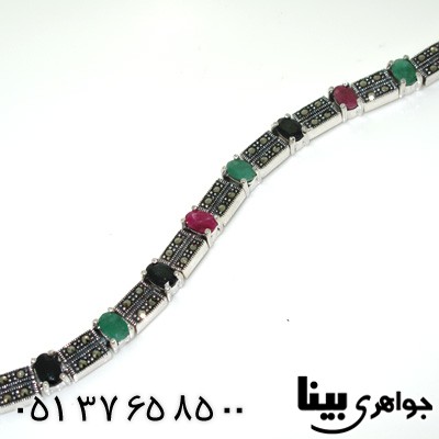دستبند چند جواهر زمرد و یاقوت سرخ و کبود مستطیلی زنانه