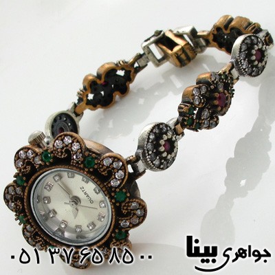 ساعت جید سرخ و سبز طرح گل بهاری زنانه