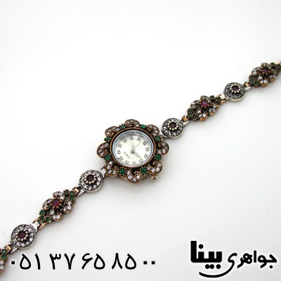ساعت جید سرخ و سبز طرح گل بهاری زنانه