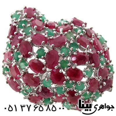 انگشتر چند جواهر یاقوت سرخ و زمرد طرح برهون درشت زنانه