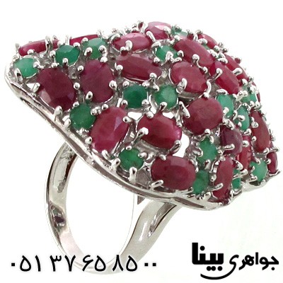 انگشتر چند جواهر یاقوت سرخ و زمرد طرح برهون درشت زنانه