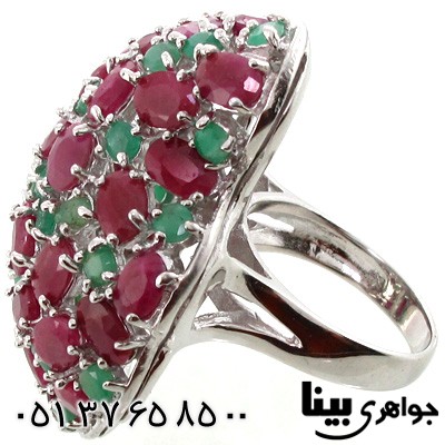 انگشتر چند جواهر یاقوت سرخ و زمرد طرح برهون درشت زنانه