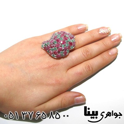 انگشتر چند جواهر یاقوت سرخ و زمرد طرح برهون درشت زنانه