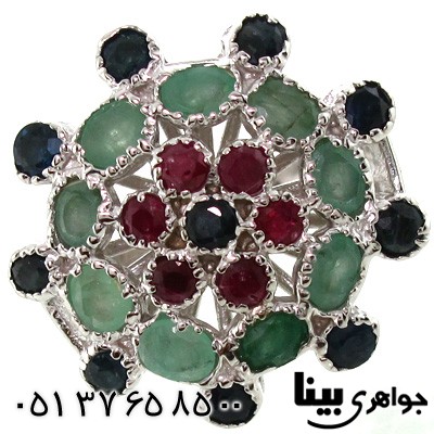 انگشتر چند جواهر یاقوت کبود و یاقوت سرخ و زمرد طرح گل زنانه درشت