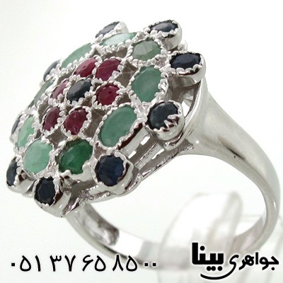 انگشتر چند جواهر یاقوت کبود و یاقوت سرخ و زمرد طرح گل زنانه درشت