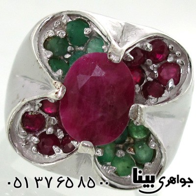 انگشتر چند جواهر یاقوت سرخ و زمرد زنانه