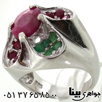 انگشتر چند جواهر یاقوت سرخ و زمرد زنانه