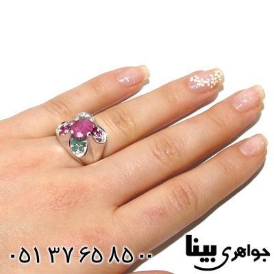 انگشتر چند جواهر یاقوت سرخ و زمرد زنانه