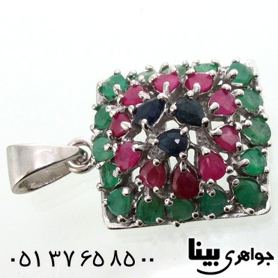 گردنبند چند جواهر زمرد و یاقوت کبود و سرخ زنانه