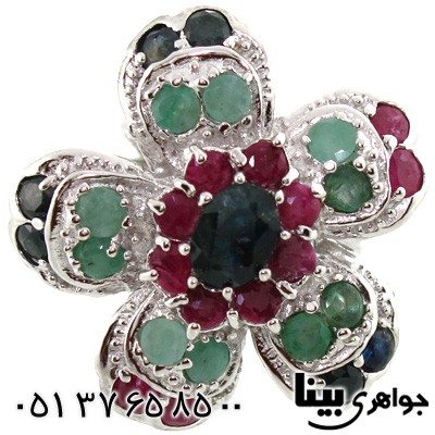 انگشتر چند جواهر زمرد و یاقوت سرخ و کبود طرح گل زنانه درشت