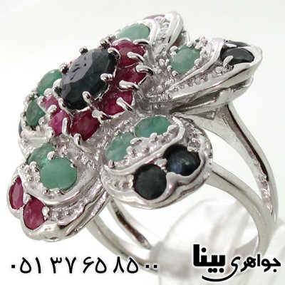 انگشتر چند جواهر زمرد و یاقوت سرخ و کبود طرح گل زنانه درشت