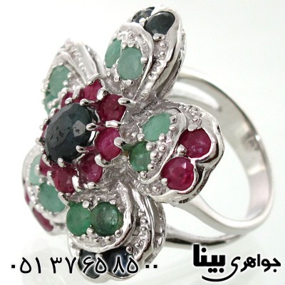 انگشتر چند جواهر زمرد و یاقوت سرخ و کبود طرح گل زنانه درشت