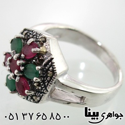 انگشتر چند جواهر یاقوت سرخ و زمرد و حدید زنانه شش ضلعی
