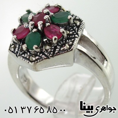 انگشتر چند جواهر یاقوت سرخ و زمرد و حدید زنانه شش ضلعی