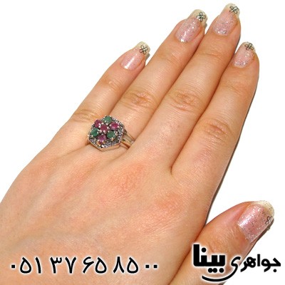 انگشتر چند جواهر یاقوت سرخ و زمرد و حدید زنانه شش ضلعی