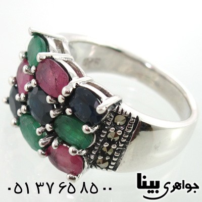 انگشتر چند جواهر یاقوت کبود و سرخ و زمرد زنانه مستطیلی