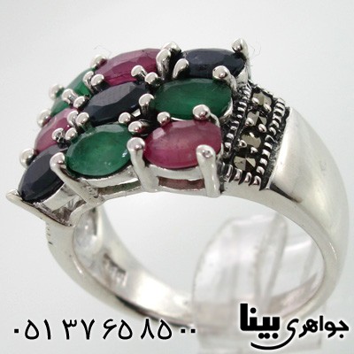 انگشتر چند جواهر یاقوت کبود و سرخ و زمرد زنانه مستطیلی