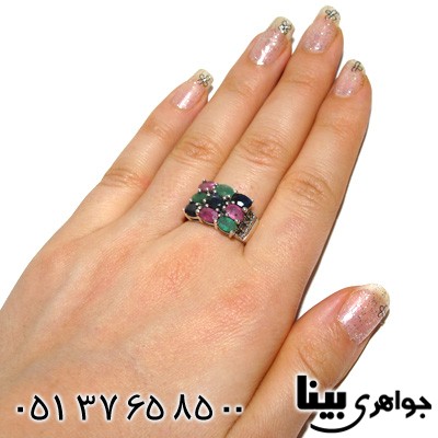 انگشتر چند جواهر یاقوت کبود و سرخ و زمرد زنانه مستطیلی