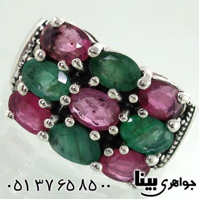انگشتر چند جواهر زنانه یاقوت سرخ و زمرد مستطیلی