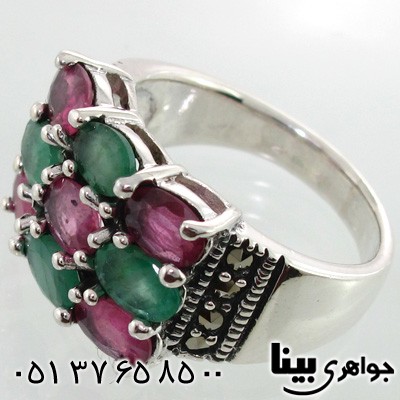 انگشتر چند جواهر زنانه یاقوت سرخ و زمرد مستطیلی