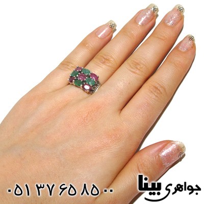 انگشتر چند جواهر زنانه یاقوت سرخ و زمرد مستطیلی