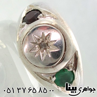 انگشتر چند جواهر زمرد و یاقوت گارنت و الماس مردانه