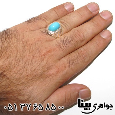 انگشتر فیروزه آمریکایی عجمی مردانه طرح خط و نقطه