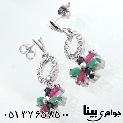 گوشواره چند جواهر زنانه زمرد و یاقوت سرخ وکبود شکوفه