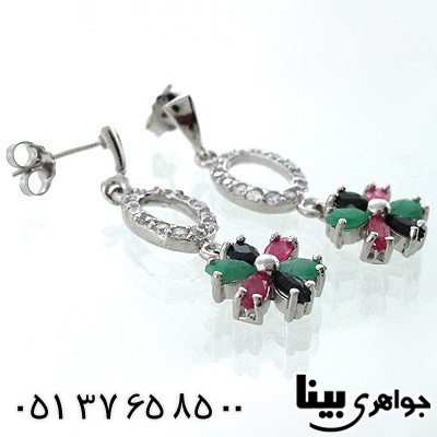 گوشواره چند جواهر زنانه زمرد و یاقوت سرخ وکبود شکوفه