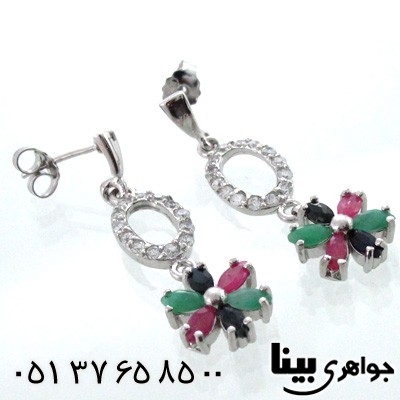 گوشواره چند جواهر زنانه زمرد و یاقوت سرخ وکبود شکوفه
