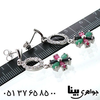 گوشواره چند جواهر زنانه زمرد و یاقوت سرخ وکبود شکوفه
