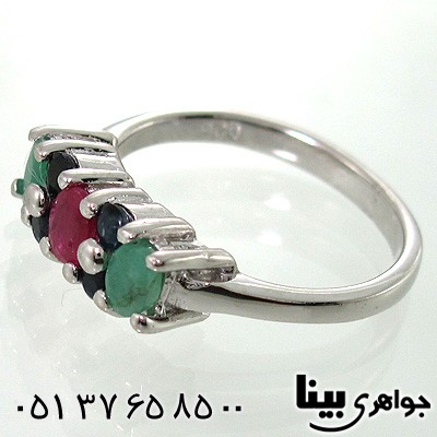 انگشتر چند جواهر زنانه زمرد و یاقوت سرخ و کبود زیبا