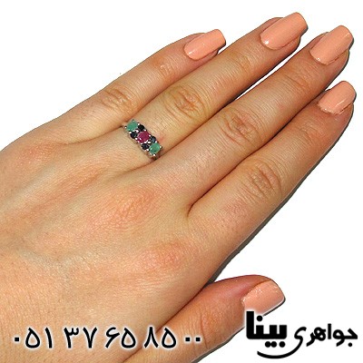 انگشتر چند جواهر زنانه زمرد و یاقوت سرخ و کبود زیبا