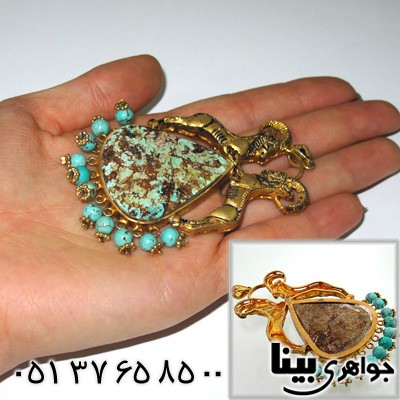 گردنبند فیروزه نیشابوری زنانه دو قوچ طرح زیر خاکی درشت