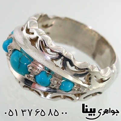 انگشتر فیروزه نیشابوری مردانه پنج نگین فاخر درشت