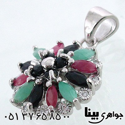 گردنبند چند جواهر زمرد و یاقوت زنانه طرح گل میخک درشت