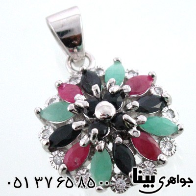 گردنبند چند جواهر زمرد و یاقوت زنانه طرح گل میخک درشت
