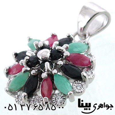 گردنبند چند جواهر زمرد و یاقوت زنانه طرح گل میخک درشت