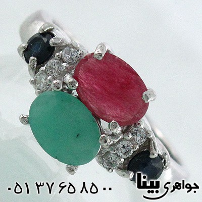 انگشتر چند جواهر زمرد و یاقوت زنانه بیضی