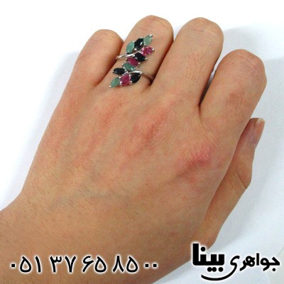 انگشتر چند جواهر زمرد و یاقوت زنانه برگی