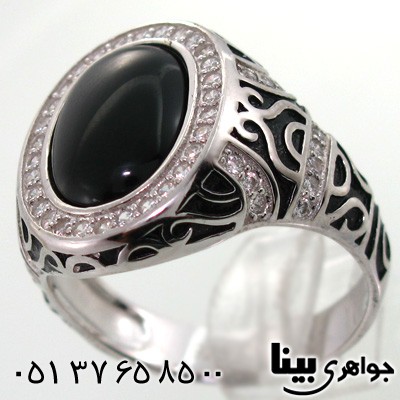 انگشتر عقیق سیاه (اونیکس) مردانه دور نگین طرح کلاسیک