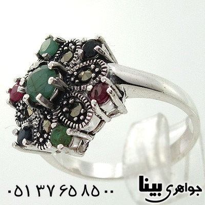 انگشتر چند جواهر زنانه زمرد و یاقوت شش ضلعی