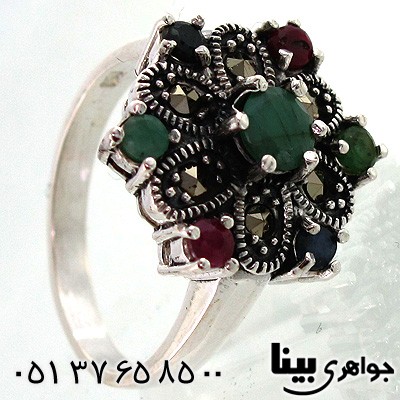 انگشتر چند جواهر زنانه زمرد و یاقوت شش ضلعی