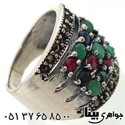 انگشتر چند جواهر زنانه یاقوت و زمرد طرح مربع درشت
